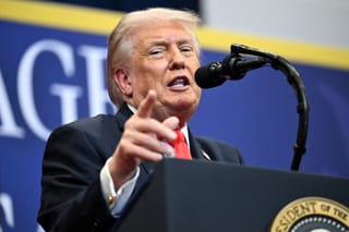 President Donald Trump speaks at The Villages Charter School on May 1, 2026 in The Villages, Florida.