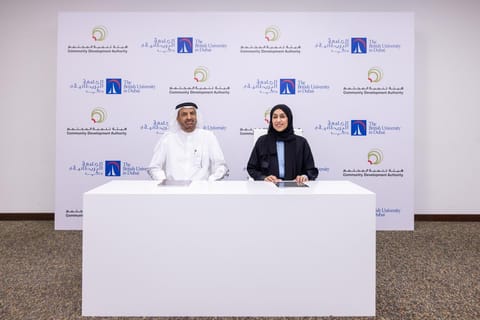Hessa bint Essa Buhumaid, Director General of the CDA and Professor Abdullah AlShamsi, Vice Chancellor of The British University in Dubai at the MoU signing ceremony in Dubai.