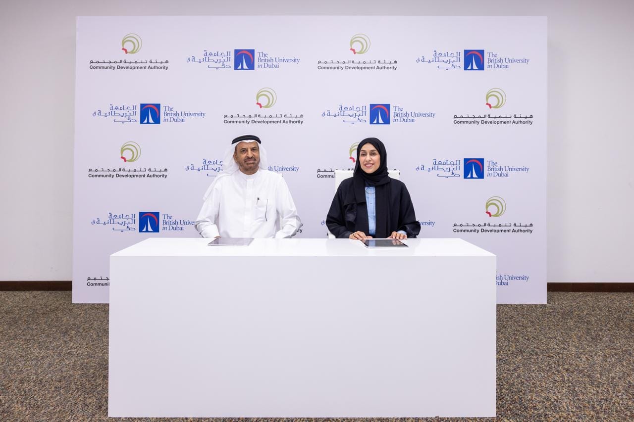 Hessa bint Essa Buhumaid, Director General of the CDA and Professor Abdullah AlShamsi, Vice Chancellor of The British University in Dubai at the MoU signing ceremony in Dubai.
