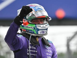Mercedes' Italian driver Kimi Antonelli celebrates after winning the 2026 Miami Formula One Grand Prix at Miami International Autodrome in Miami Gardens, Florida, on May 3, 2026.