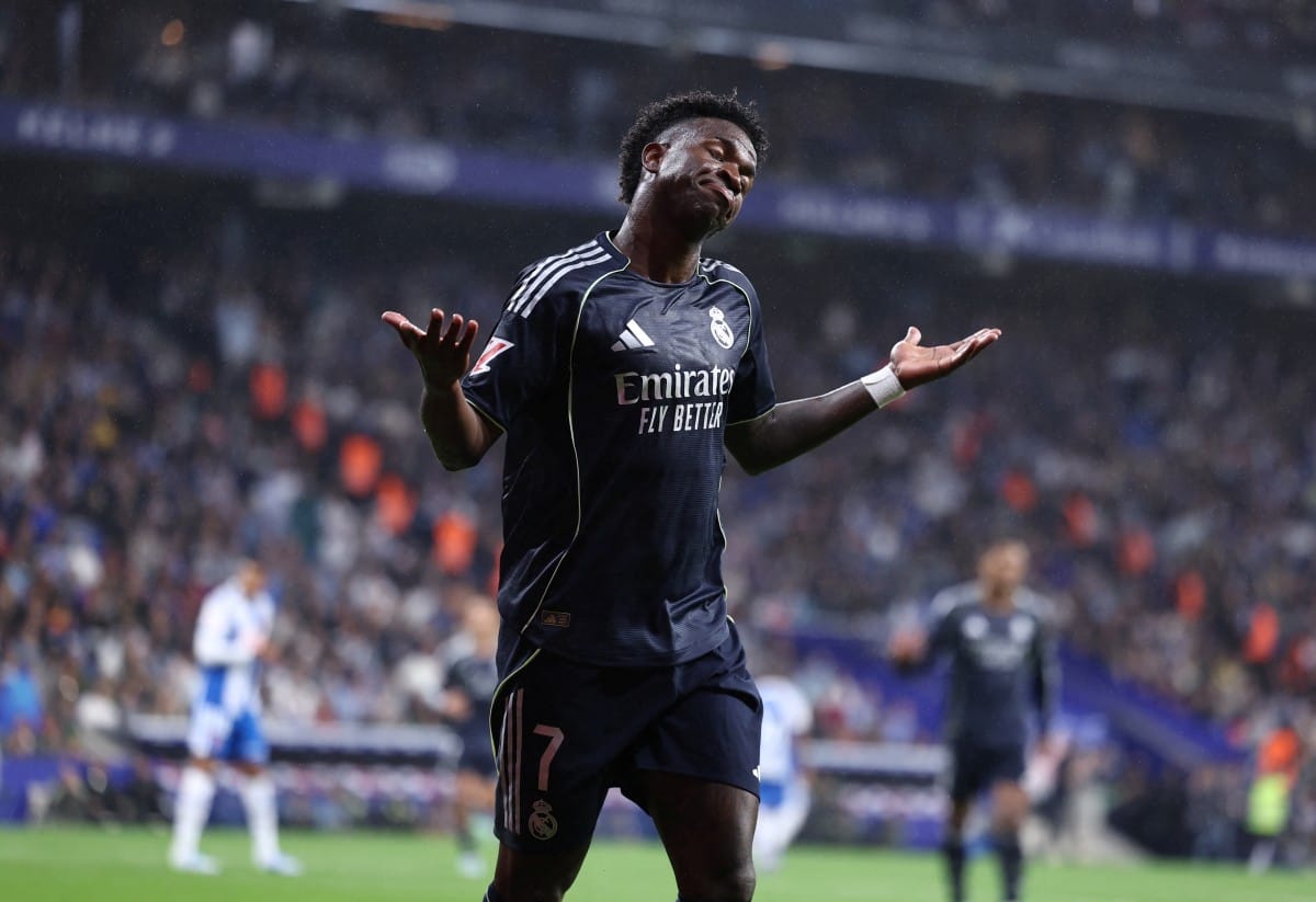 Real Madrid's Brazilian forward #07 Vinicius Junior reacts during the Spanish league football match between RCD Espanyol and Real Madrid CF at RCDE Stadium in Cornella de Llobregat on May 3, 2026.