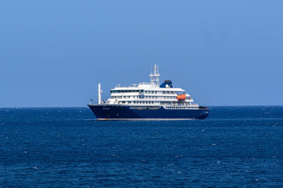 A general view of the cruise ship MV Hondius stationary off the port of Praia, the capital of Cape Verde, on May 3, 2025.