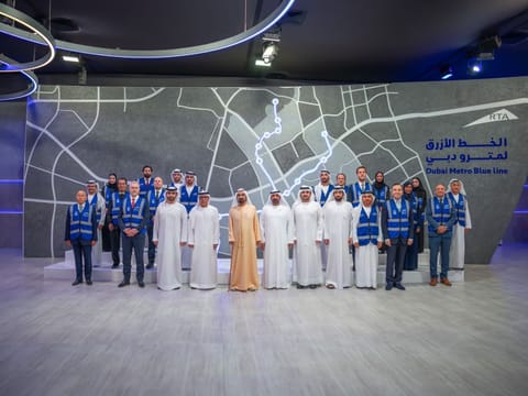 His Highness Sheikh Mohammed bin Rashid Al Maktoum, with officials at the construction site marking the launch of operations for the Dubai Metro Blue Line,