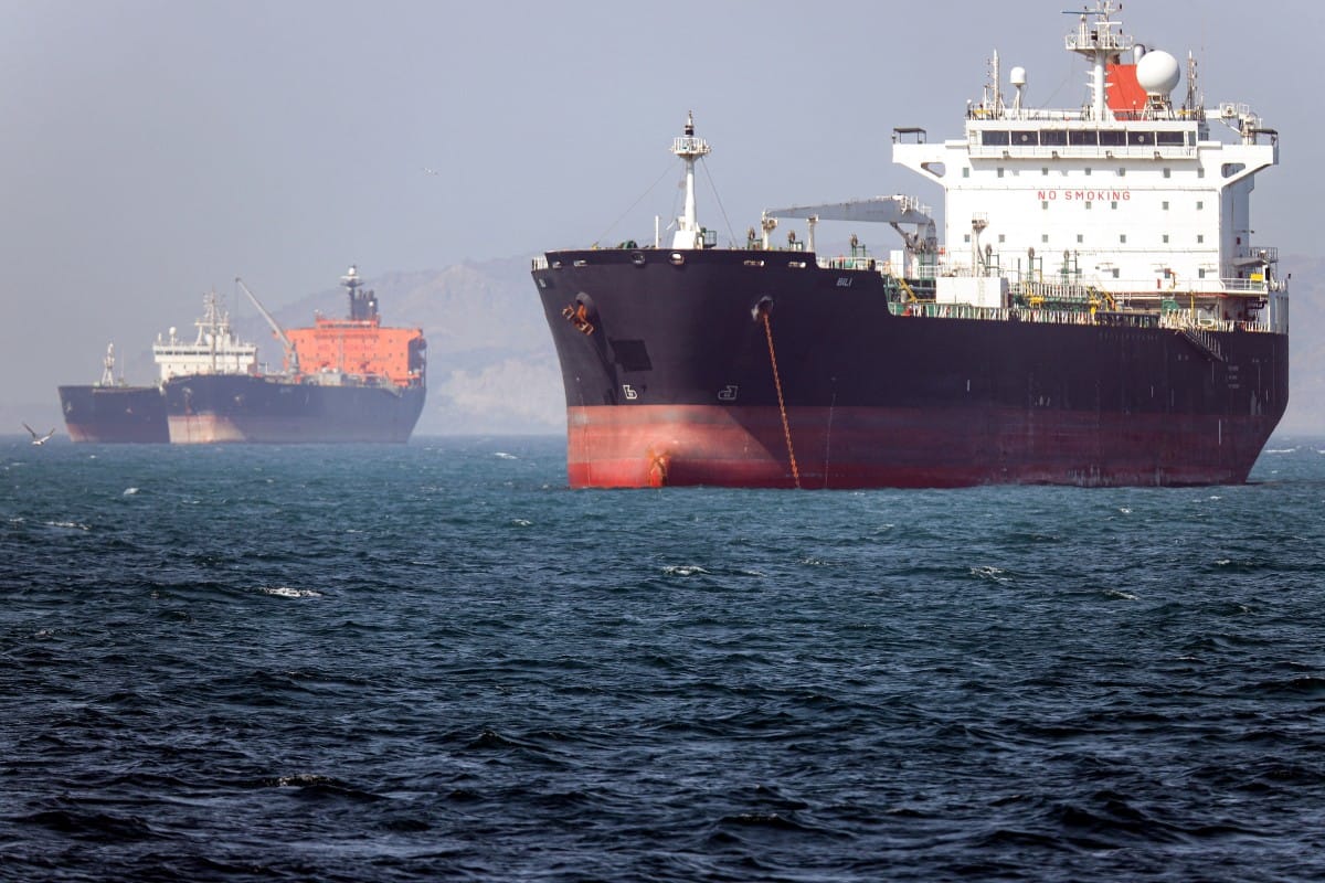 In this picture obtained from Iran's ISNA news agency on May 2, 2026, the Gambia-flagged tanker vessel Bili is pictured anchored in the Strait of Hormuz off Bandar Abbas in southern Iran.