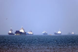 Vessels are pictured anchored in the Strait of Hormuz off Bandar Abbas in southern Iran.