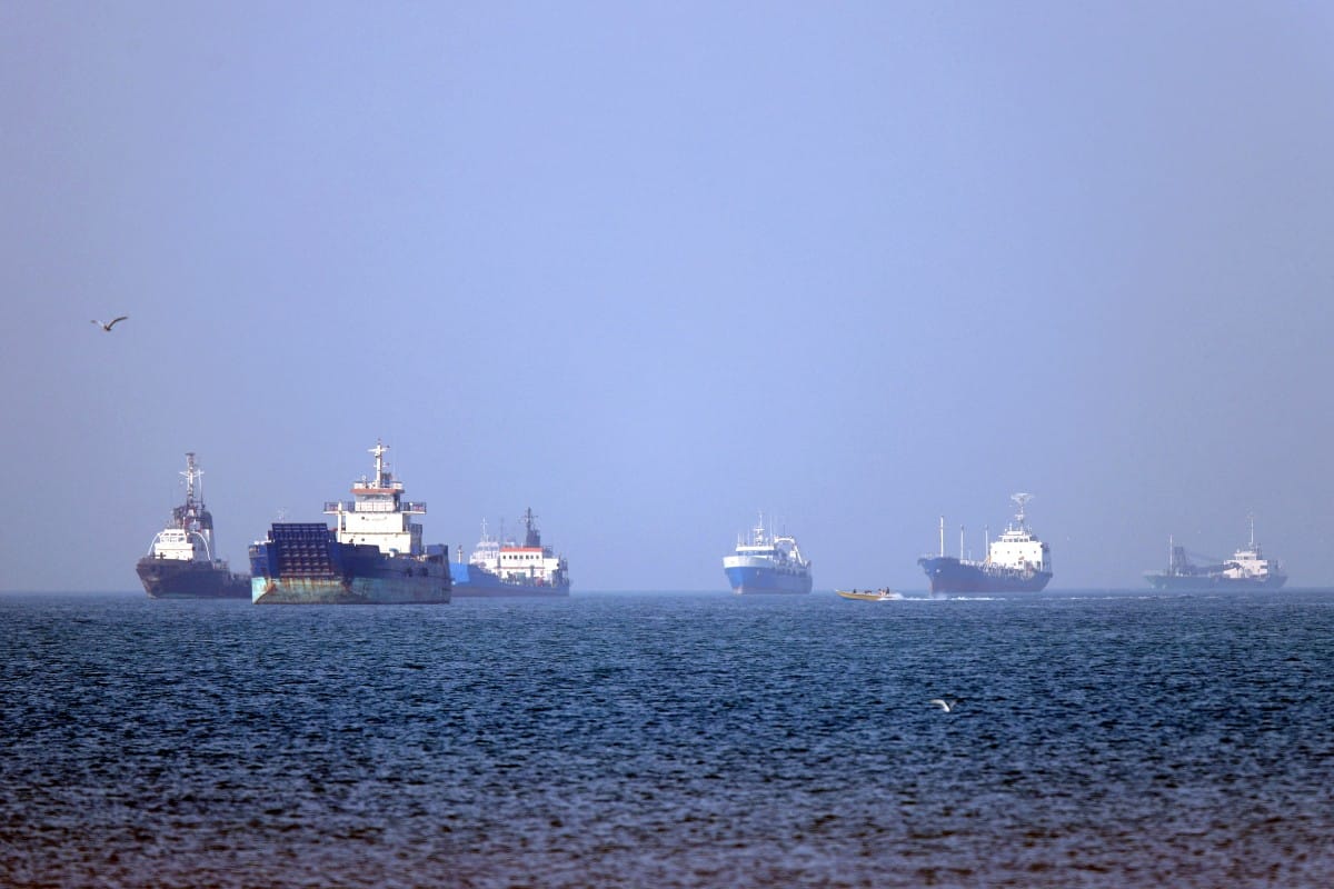 Vessels are pictured anchored in the Strait of Hormuz off Bandar Abbas in southern Iran.