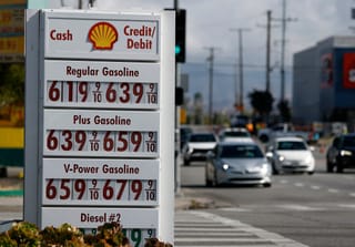 Gas prices over $6 a gallon are displayed at a Shell station on May 04, 2026 in Los Angeles, California.