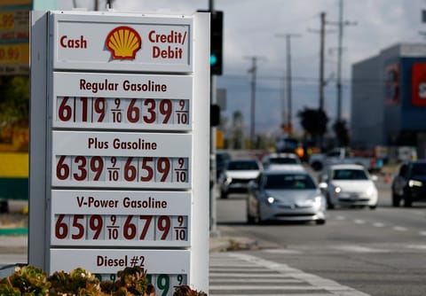 Gas prices over $6 a gallon are displayed at a Shell station on May 04, 2026 in Los Angeles, California.