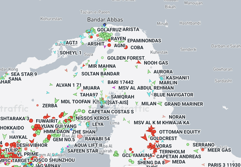 A map shows commercial ships in and around the Strait of Hormuz as  of 12:09 pm Monday (May 4, 2026), based on geolocation data from Marine Traffic.