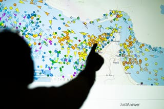 A photo illustration taken in Nicosia on May 4, 2026, shows a person in front of a large screen displaying vessel movements in the Strait of Hormuz on a ship-tracking website.