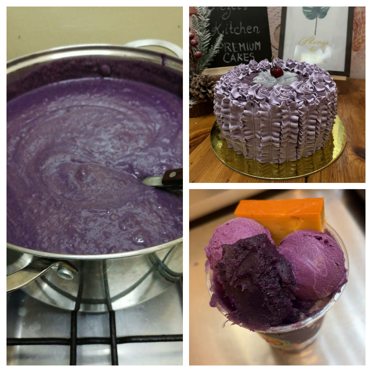 Clockwise from left: Halayang ube, ube macapuno cake, and ube halo-halo bravo