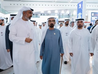 Sheikh Mohammed bin Rashid, accompanied by Sheikh Hamdan bin Mohammed and Sheikh Dhiyab bin Mohammed bin Zayed, visits the "Made in the UAE" exhibition in its fifth edition, held at ADNEC Abu Dhabi Center