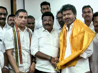 Tamil Nadu Congress leaders meet Tamilaga Vettri Kazhagam (TVK) President Vijay at the TVK Headquarters, in Chennai on Wednesday, May 6, 2026. 