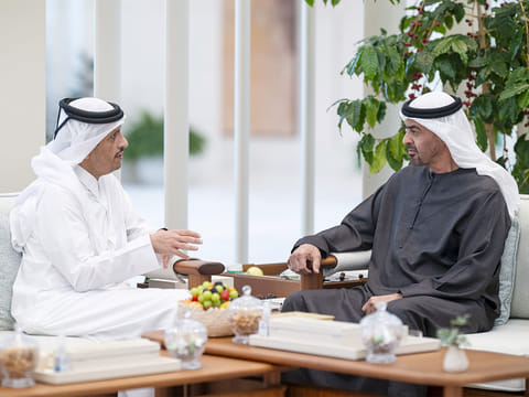 UAE President His Highness Sheikh Mohamed bin Zayed Al Nahyan with Sheikh Mohammed bin Abdulrahman bin Jassim Al Thani, Prime Minister and Minister of Foreign Affairs of the State of Qatar, in Abu Dhabi.