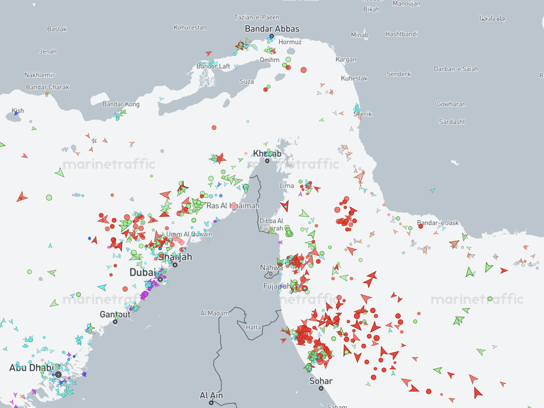 Marine traffic around the Strait of Hormuz as of 1.22am May 8, 2026.