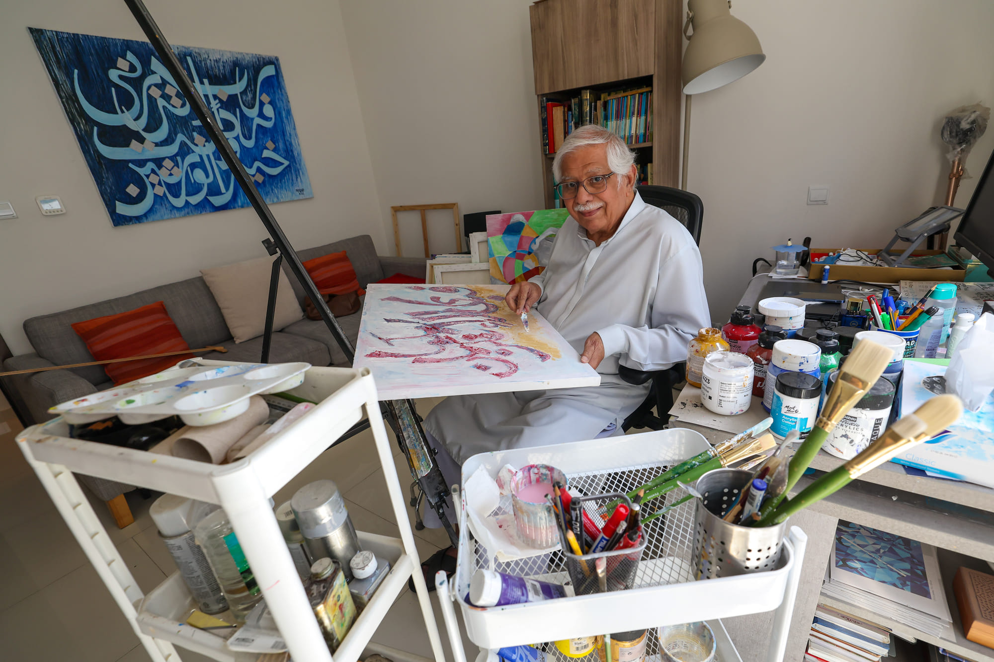 Pakistani artist Nazar has been painting since the 1960s, but it is only in retirement that the Dubai resident, now in his 80s and a UAE Golden Visa holder recognised for his artistic contributions, has fully devoted himself to blending cubism, pointillism and Quranic calligraphy in his work.