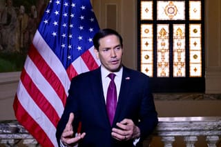 Secretary of State Marco Rubio speaks to the press at the US Embassy in Rome on May 8, 2026.