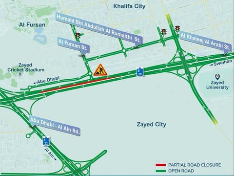 The closure affects the left lane heading towards Abu Dhabi on Arabian Gulf Street (E20).