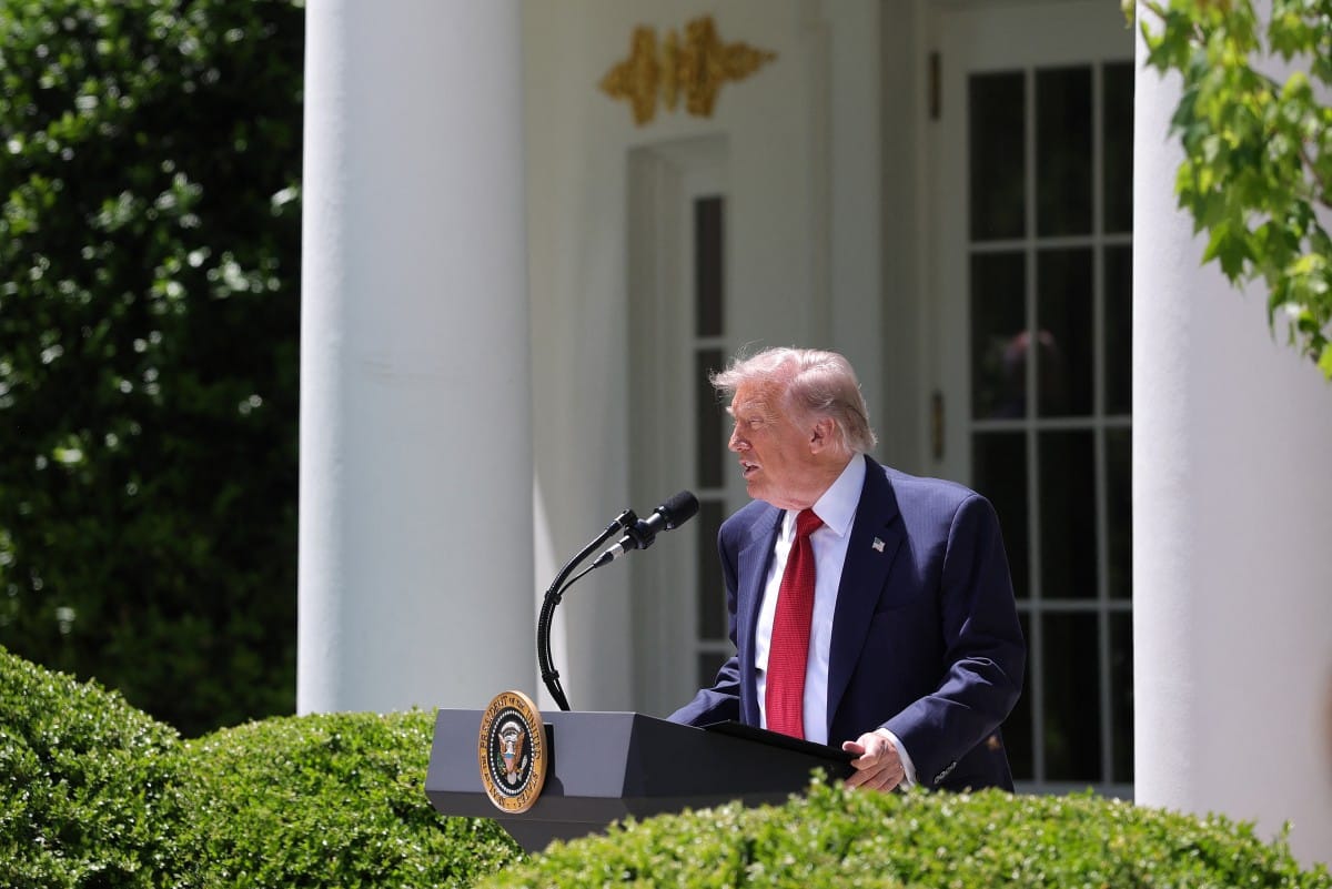 President Donald Trump delivers remarks during a Mother's Day luncheon in the Rose Garden of the White House on May 08, 2026 in Washington, DC.