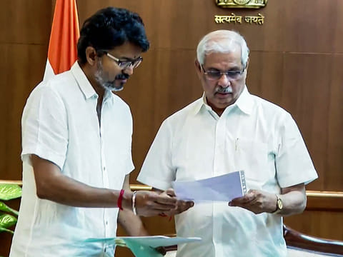 TVK chief Vijay meets Tamil Nadu Governor Rajendra Arlekar to stake claim to form the government at Lok Bhavan, in Chennai on Friday, May 8, 2026. 