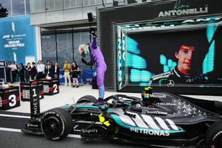 Mercedes driver Kimi Antonelli of Italy celebrates after winning the Miami Formula One Grand Prix auto race, Sunday, May 3, 2026, in Miami Gardens, Fla. (AP Photo/Rebecca Blackwell)