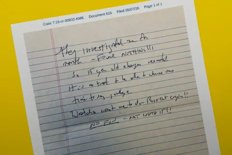 This document released May 6, 2026, by the U.S. District Court for the Southern District of New York, shows a note that Jeffrey Epstein’s former cellmate said he found after Epstein’s reported suicide attempt on July 23, 2019.