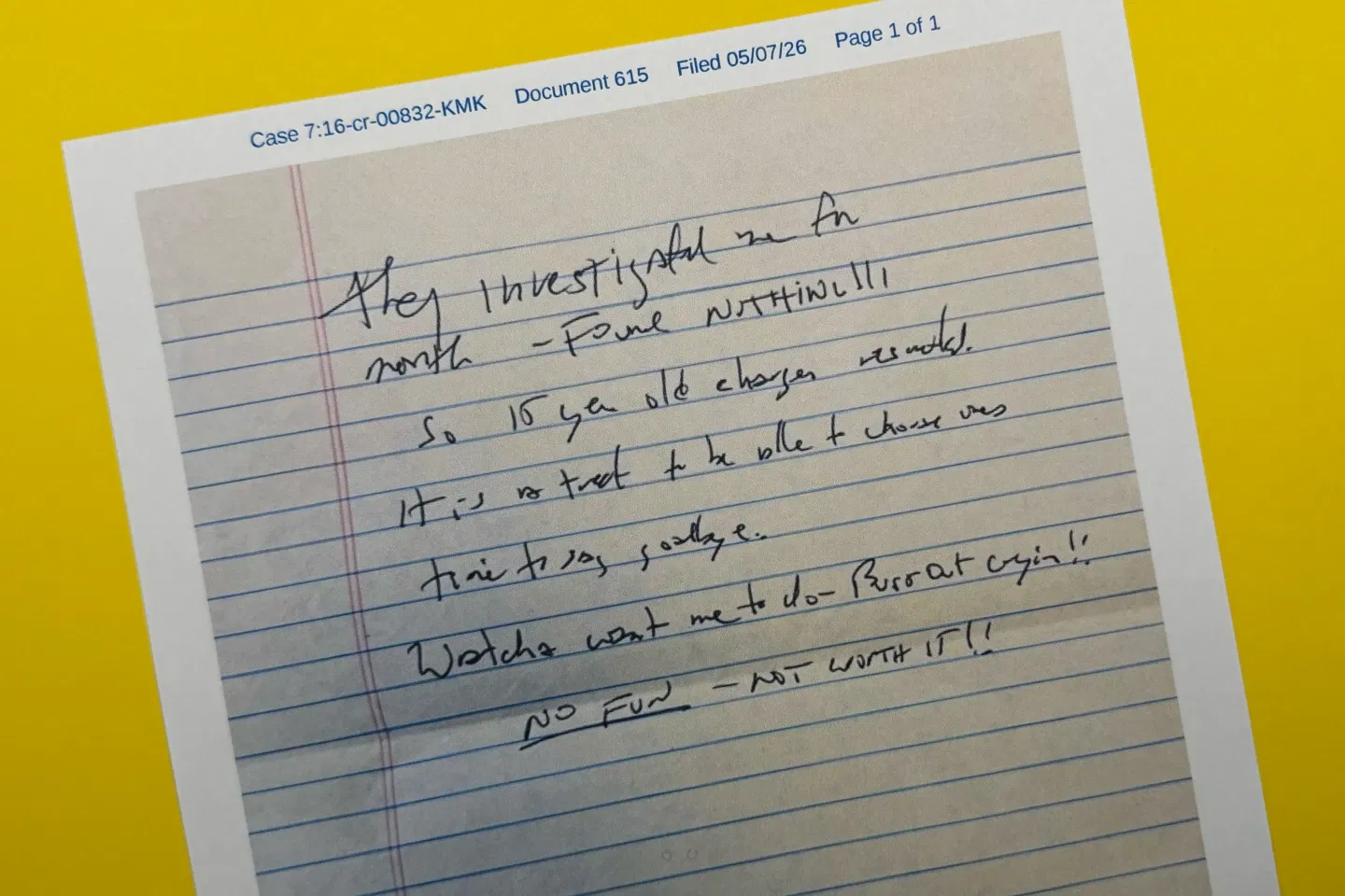 This document released May 6, 2026, by the U.S. District Court for the Southern District of New York, shows a note that Jeffrey Epstein’s former cellmate said he found after Epstein’s reported suicide attempt on July 23, 2019.