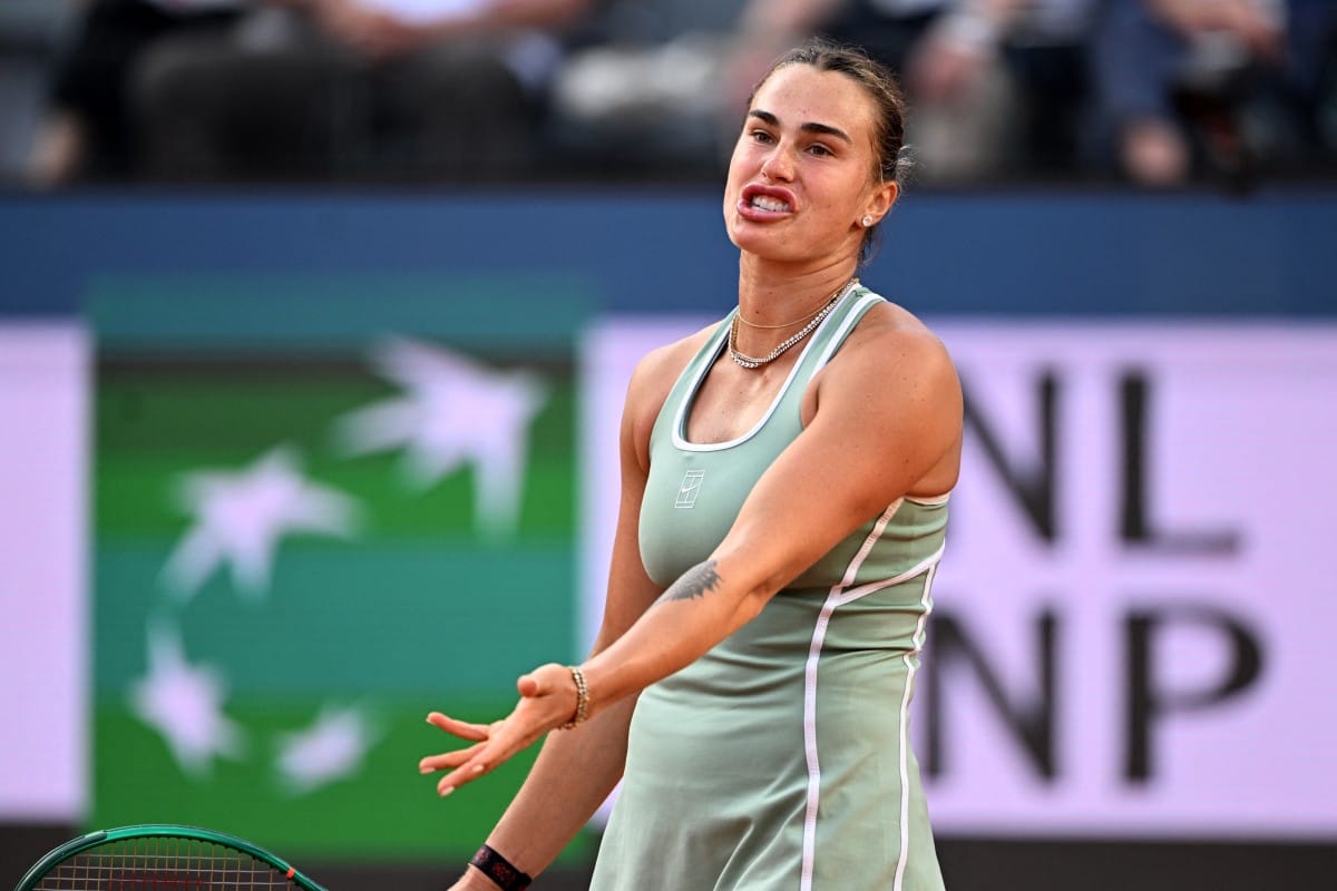 Belarus' Aryna Sabalenka reacts during her match against Romania's Sorana Cirstea during the WTA Rome Open tennis tournament at Foro Italico in Rome on May 9, 2026.