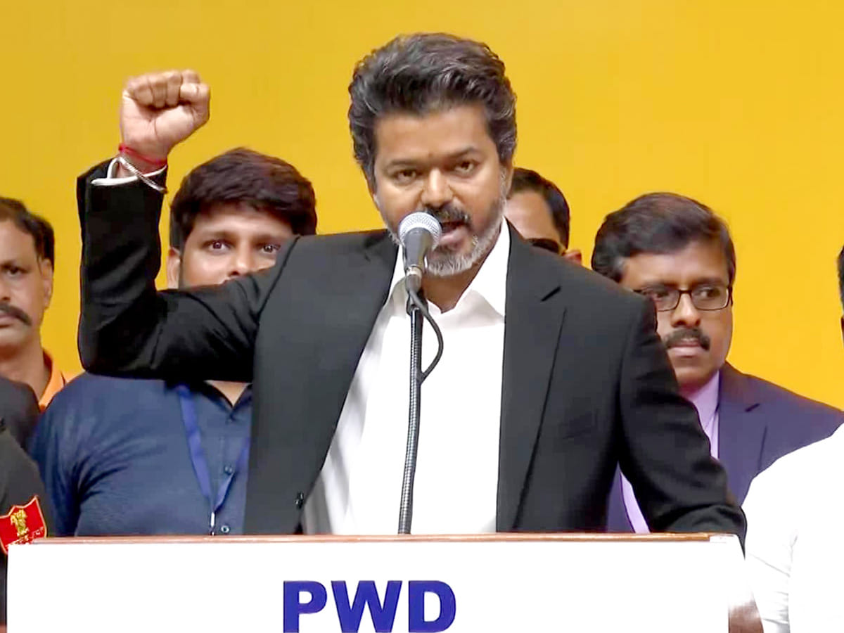 Tamilaga Vettri Kazhagam (TVK) chief Joseph Vijay speaks during the oath taking ceremony at the Jawaharlal Nehru Stadium, in Chennai on Sunday. 