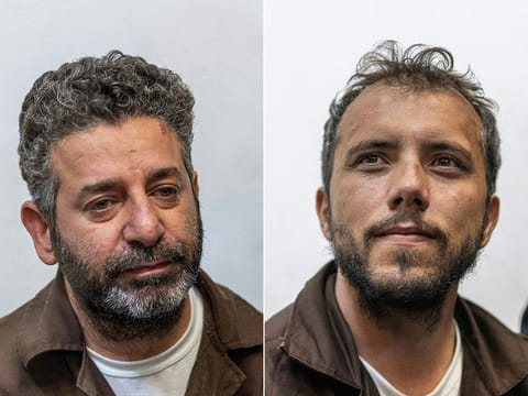 Spanish activist Saif Abu Keshek (L) and Brazil's activist Thiago Avila arriving in court, in the Israeli coastal city of Ashkelon