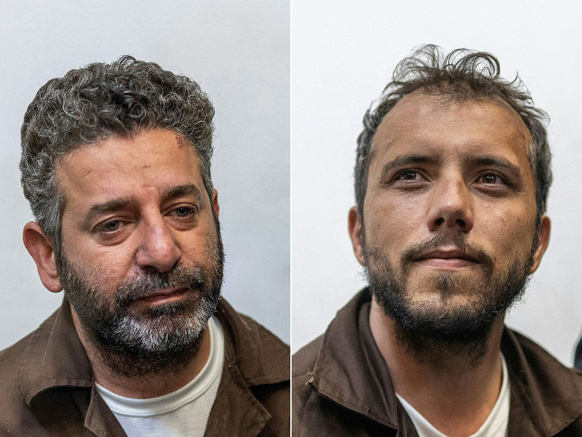 Spanish activist Saif Abu Keshek (L) and Brazil's activist Thiago Avila arriving in court, in the Israeli coastal city of Ashkelon