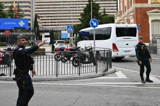 The convoy of Spanish passengers that were evacuated from the Dutch flagged hantavirus-stricken cruise ship MV Hondius arrives to the Gomez Ulla Defense Hospital in Madrid. on May 10, 2026.