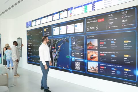 Inside the new AI-powered bus station in Dubai, large real-time information displays provide live bus and Metro arrival timings, taxi availability, maps of station facilities and directions to nearby landmarks