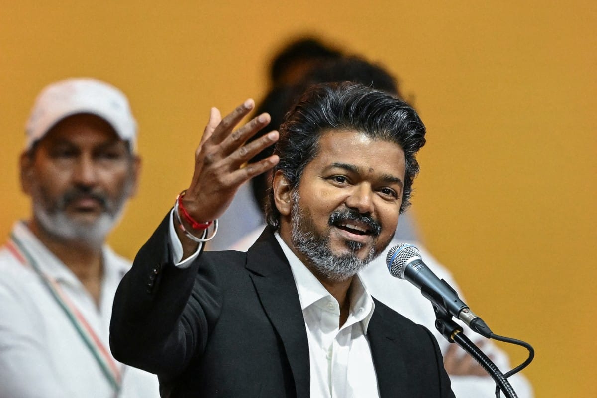 Newly elected chief minister of India's Tamil Nadu state, C. Joseph Vijay speaks after taking the oath during his swearing-in ceremony in Chennai on May 10, 2026.