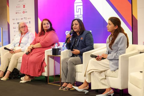 Dr Gisela Lohlein, Academic Director, Head of Faculty Technology, Arts + Culture, De Montfort University Dubai, Armanda Fernandes, Manager - Careers and Employability Services, Middlesex University Dubai, Dr Roma Raina, Head - Corporate Alliances and Partnerships, Manipal Academy of Higher Education (MAHE), Dubai Campus and Priya Baguant, Dean – School of Business, Amity University Dubai during a panel discussion on the opening day of Gulf News Edufair 2026
