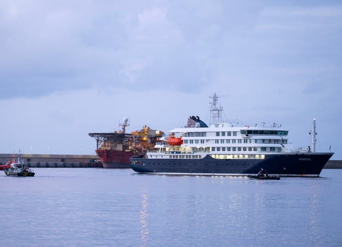 The Dutch-flagged hantavirus-stricken cruise ship MV Hondius arrives at the industrial port of Granadilla de Abona on the island of Tenerife in Spain's Canary Islands to start evacuation of passengers and most crew members on Sunday, May 10, 2026.