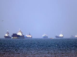 Vessels are pictured anchored in the Strait of Hormuz off Bandar Abbas in southern Iran.