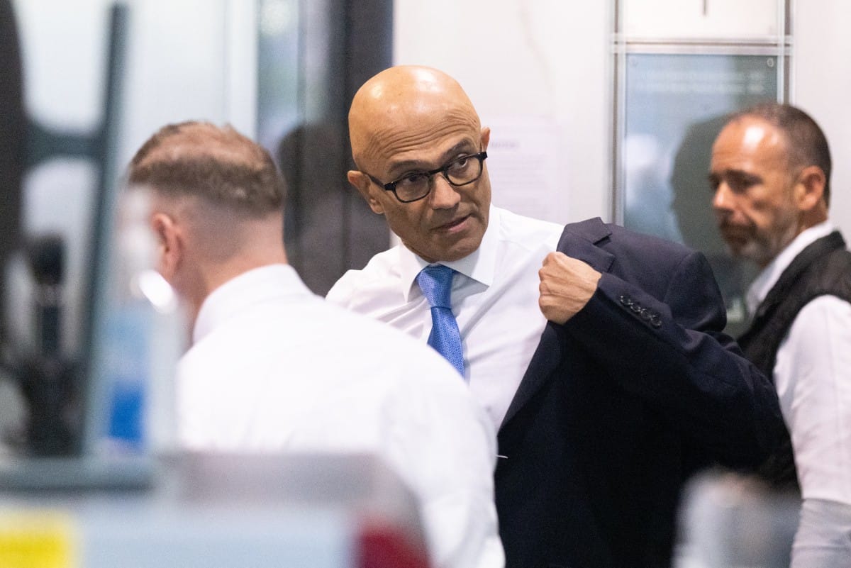 Microsoft CEO Satya Nadella arrives to court at the Ronald V. Dellums Federal Building on May 11, 2026 in Oakland, California.