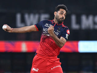 yal Challengers Bengaluru's Bhuvneshwar Kumar bowls during the IPL 2026 match.