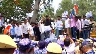 The National Students' Union of India activists protest outside Shastri Bhawan in New Delhi against the National Testing Agency (NTA) after the cancellation of the NEET UG 2026 examination.