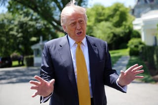 President Donald Trump speaks to the press as he departs the White House on May 12, 2026 in Washington, DC. Trump is traveling to China where he is scheduled to meet with Chinese President Xi Jinping for expected talks on the Iran conflict, trade imbalances, regional security, and economic cooperation between the two countries.