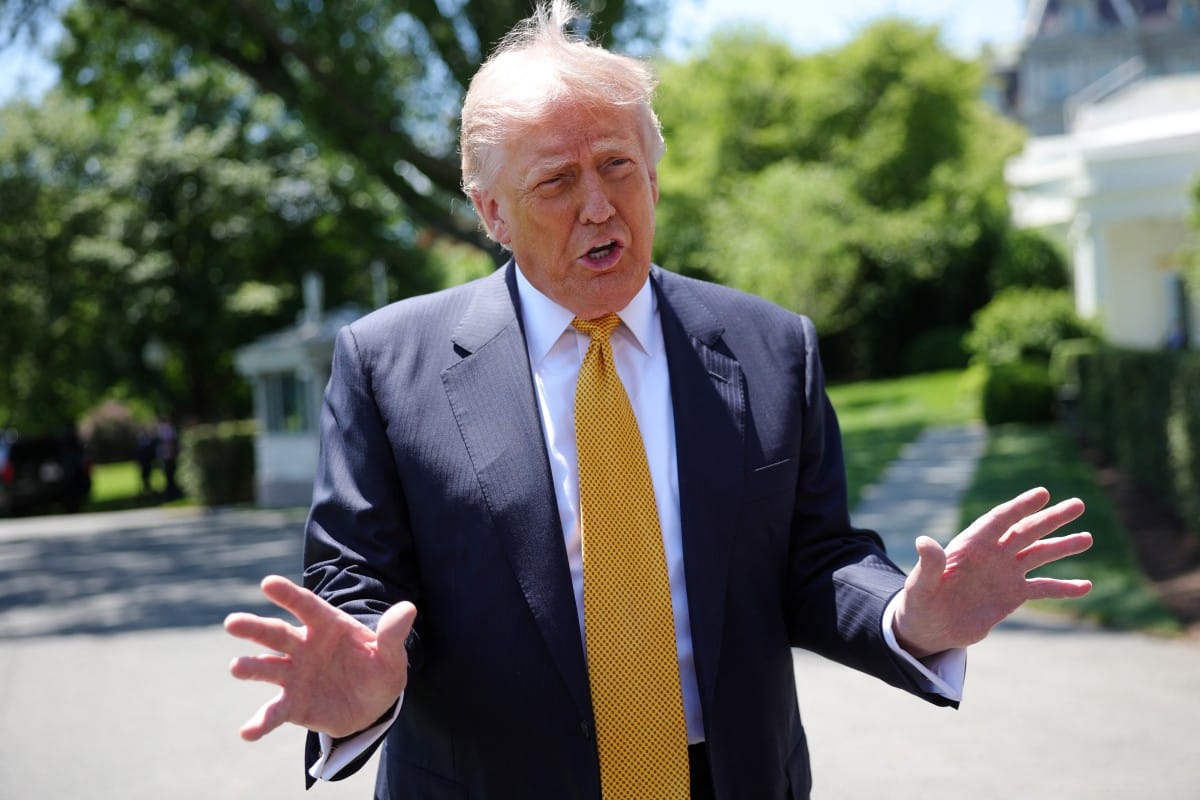 President Donald Trump speaks to the press as he departs the White House on May 12, 2026 in Washington, DC. Trump is traveling to China where he is scheduled to meet with Chinese President Xi Jinping for expected talks on the Iran conflict, trade imbalances, regional security, and economic cooperation between the two countries.