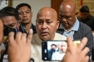 Philippines Senator Ronald Dela Rosa talks to the media during a doorstop interview at the Senate of the Philippines in Pasay, Metro Manila on May 12, 2026.