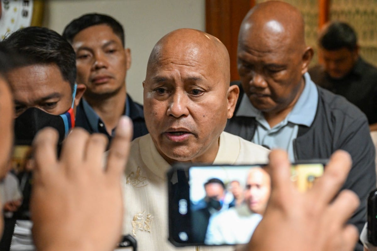Philippines Senator Ronald Dela Rosa talks to the media during a doorstop interview at the Senate of the Philippines in Pasay, Metro Manila on May 12, 2026.