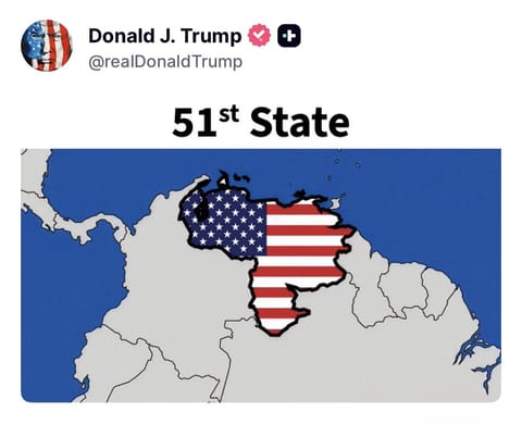 US President Donald Trump posted a map graphic on his Truth Social platform depicting Venezuela with an inset American flag and the label "51st State."

