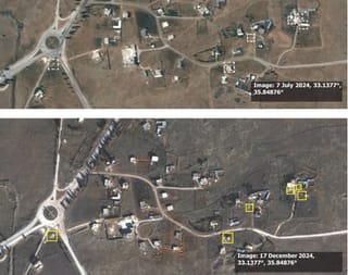 Satellite imagery from 7 July 2024 (top) shows Rassim al-Rawadi village. On 17 December 2024 (bottom), yellow squares highlight six structures that appear heavily damaged or destroyed. Newly built berms are highlighted with orange dashed lines. Trees are removed on the west side of the main road.