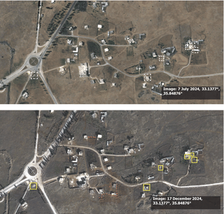 Satellite imagery from 7 July 2024 (top) shows Rassim al-Rawadi village. On 17 December 2024 (bottom), yellow squares highlight six structures that appear heavily damaged or destroyed. Newly built berms are highlighted with orange dashed lines. Trees are removed on the west side of the main road.