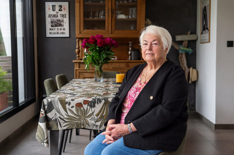 Marie-Therese Ross-Mahe, an 85-year-old French widow of a U.S. military veteran, poses in Orvault, western France, during an interview with The Associated Press, Monday, May 11, 2026. (AP Photo/Mathieu Pattier)