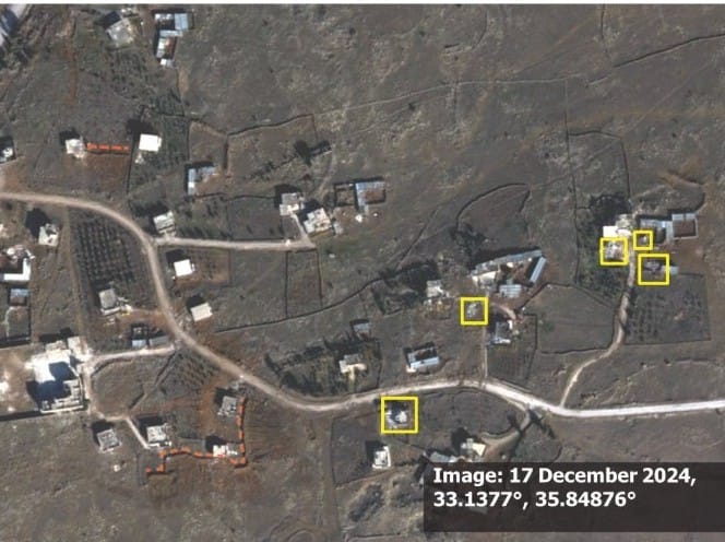 Satellite imagery from 7 July 2024 (top) shows Rassim al-Rawadi village. On 17 December 2024 (bottom), yellow squares highlight six structures that appear heavily damaged or destroyed. Newly built berms are highlighted with orange dashed lines. Trees are removed on the west side of the main road.