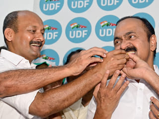 Thiruvananthapuram: Congress leader V.D. Satheesan being offered sweets by supporters at his official residence after being named the new Chief Minister of Kerala in Thiruvananthapuram on Thursday, May 14, 2026. 